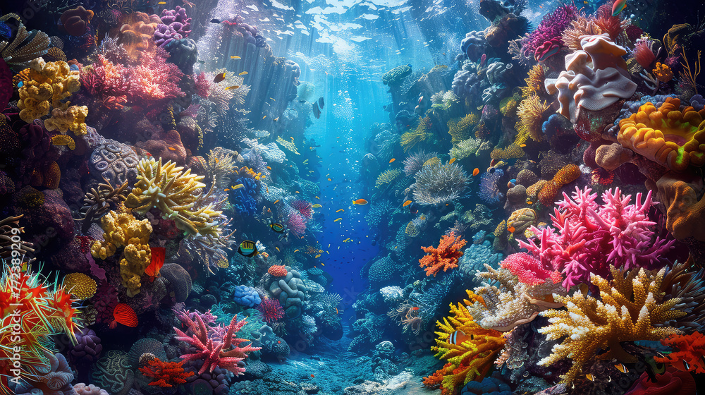 A sunlit coral reef bustling with life presents a vibrant underwater scene, with a multitude of tropical fish swimming among colorful corals.