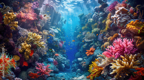 A sunlit coral reef bustling with life presents a vibrant underwater scene, with a multitude of tropical fish swimming among colorful corals. © HappyFarmDesign