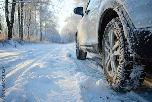 Car wheel on snow in winter landscape