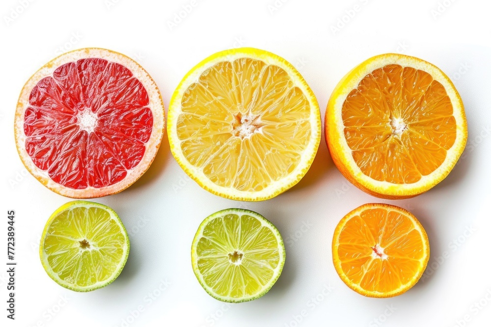 Citrus fruit slices isolated on white background. Grapefruit, orange, lemon and lime Citrus fruit slices isolated on white background. Grapefruit, orange, lemon and lime