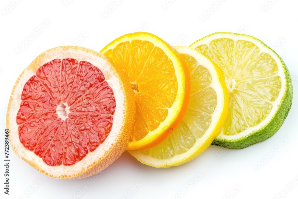 Citrus fruit slices isolated on white background. Grapefruit, orange, lemon and lime Citrus fruit slices isolated on white background. Grapefruit, orange, lemon and lime