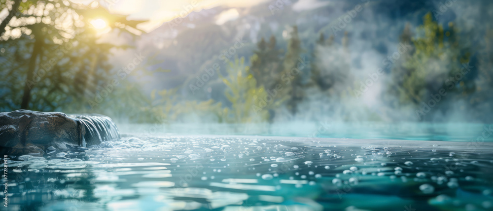Visualization of mineral-rich thermal water spray on skin, with a mountain spring scene blurred Visualization of mineral-rich thermal water spray on skin, with a mountain spring scene blurred