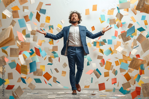 A young businessman in a suit appears to levitate amidst a chaotic swirl of flying papers, suggesting a metaphor for the dynamic and often tumultuous world of business and information.
