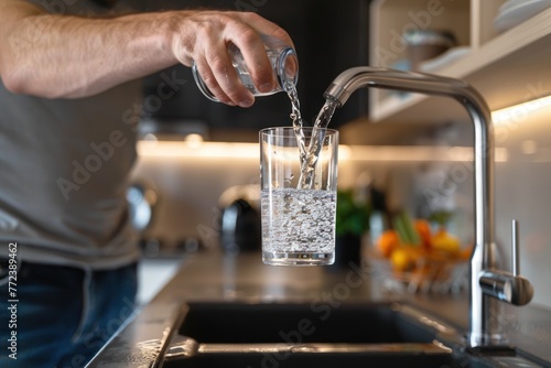 man hand filling a glass of water directly from the tap. Filling glass of water from the tap at home