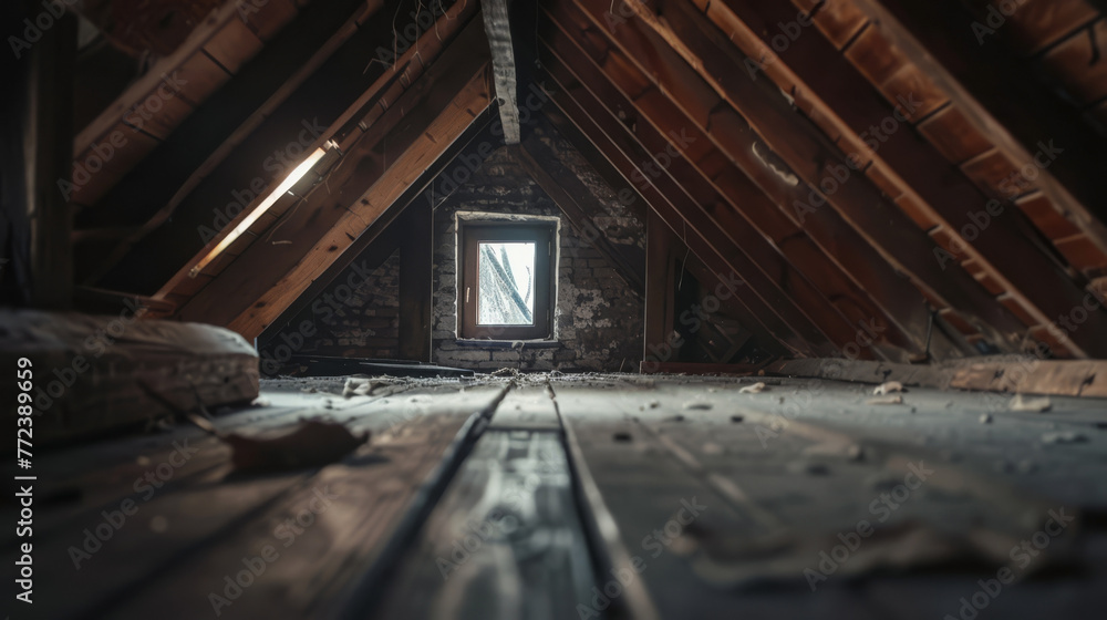 A frame in the attic of an old house, revealing secrets, attic contents softly blurred - obrazy, fototapety, plakaty 