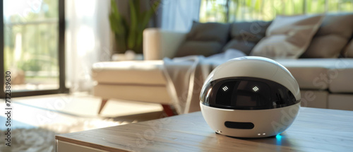 A battery-powered home assistant robot, offering help, modern living room softly blurred