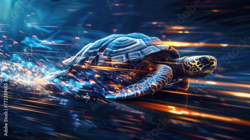Moody 3D depiction of a turtle in turbo mode, light trails marking its swift movement