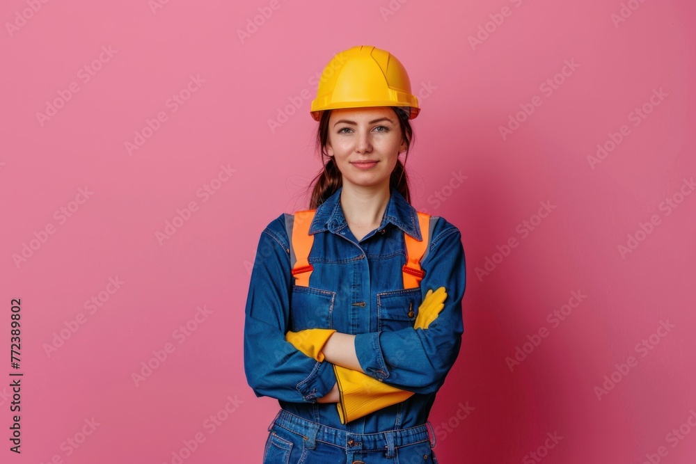 Commercial cleaning female worker portrait on solid color background