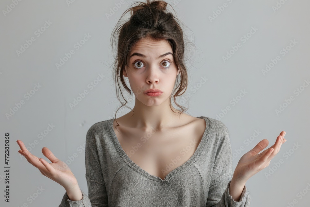 Confused female portrait. Gesture of refusal. A meaningless emotion Confused female portrait. Gesture of refusal. A meaningless emotion