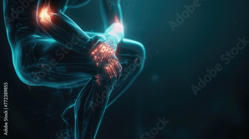 3D knee wrapped in pain signals, with moody lighting, ideal for chiropractic service advertising