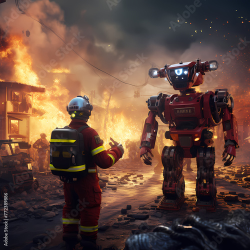 Robot firefighters responding to an emergency.  photo