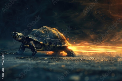 3D scene Turbo turtle accelerates, leaving a light trail in a moody, atmospheric setting photo