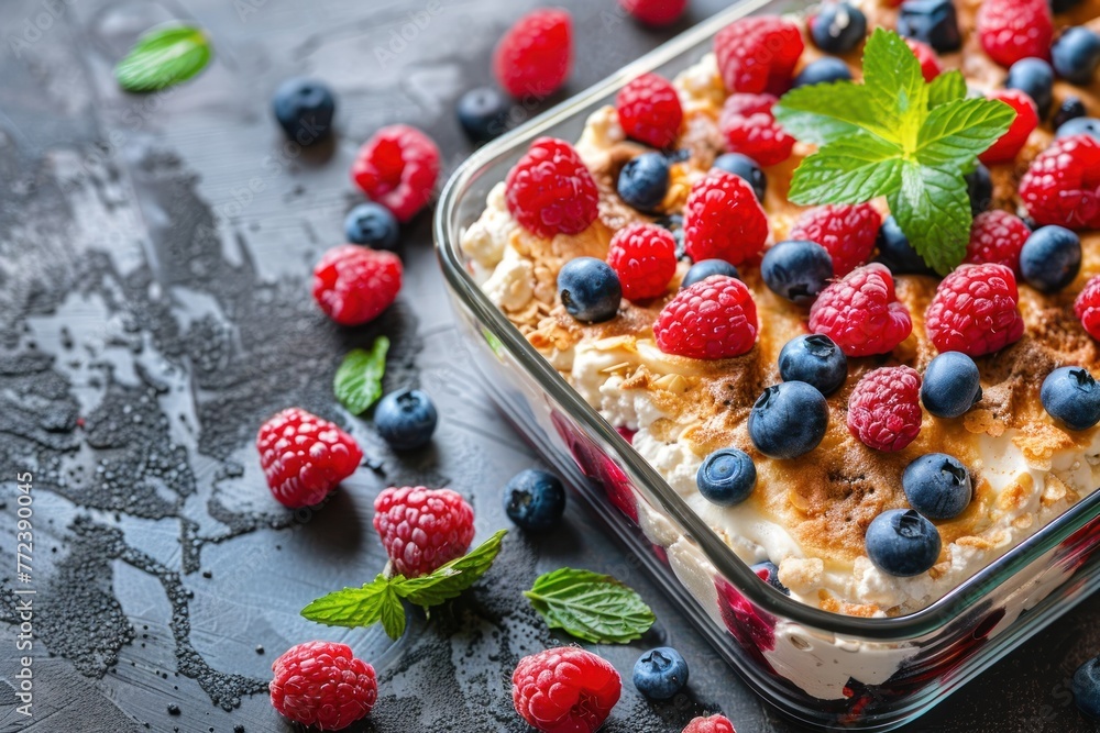 Cottage cheese casserole or dessert in a heat-resistant container with summer forest fruits and berries