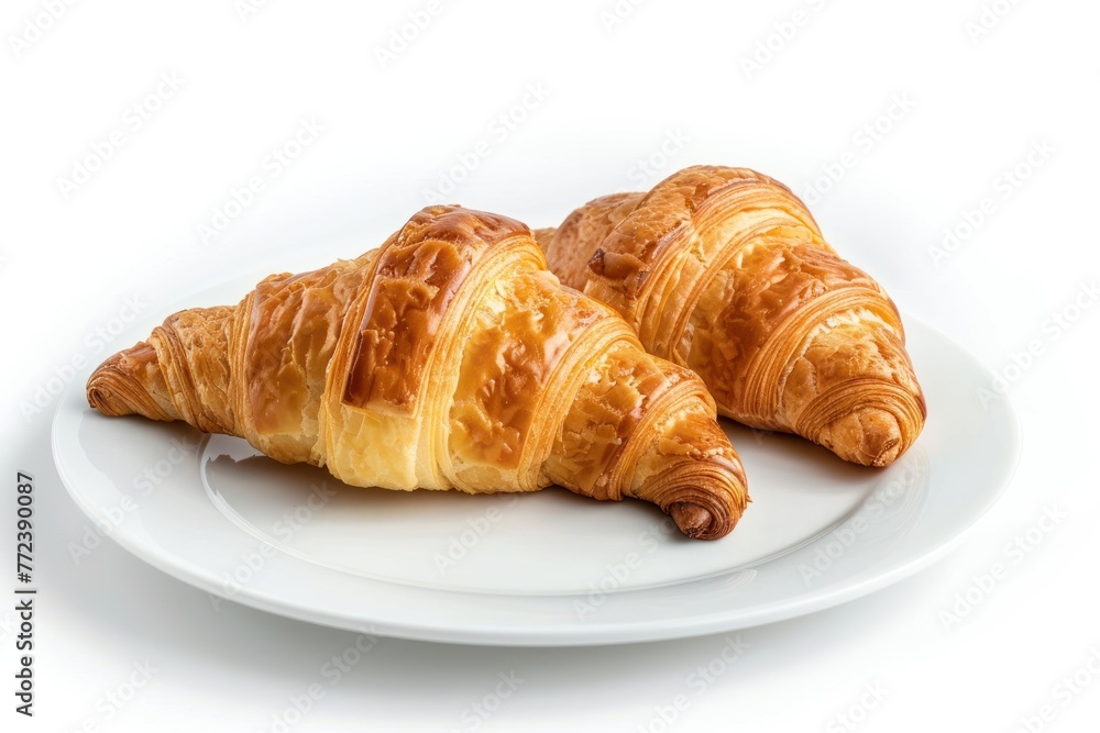 Crispy croissant on a plate isolated on white background Crispy croissant on a plate isolated on white background