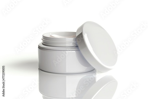 Cosmetic cream jar on a white background with reflection and shadow