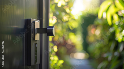 Close-up of a solar-powered smart lock on a home door, security interface blurred