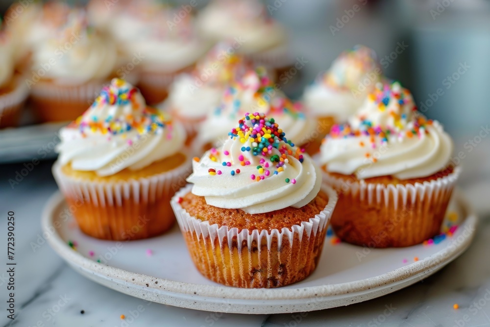 Cupcakes with sprinkles on a plate placed on a table