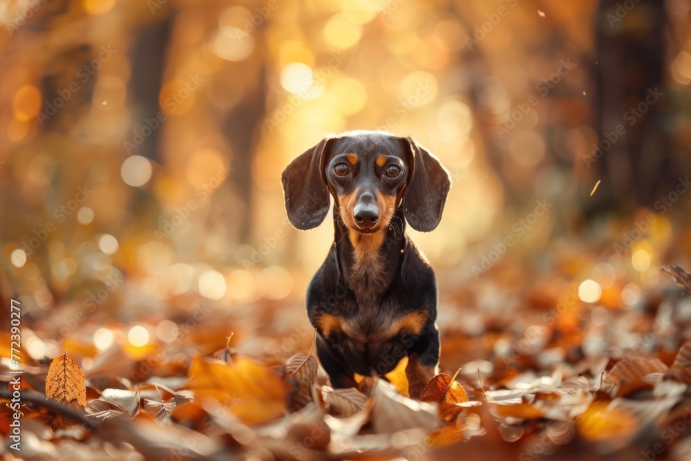 Cute dachshund in nature. Playful dog