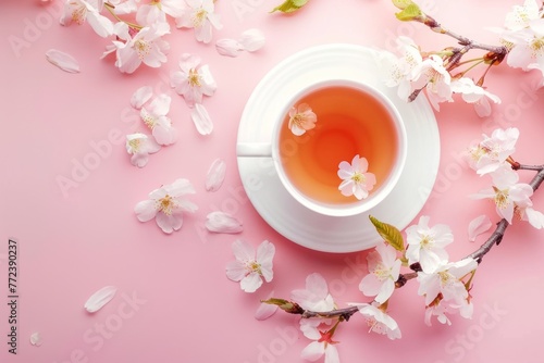 Cup of tea with cherry blossom on pink background