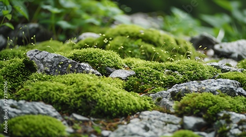 Beautiful bright green moss grown up cover the rough stones and on the floor in the forest
