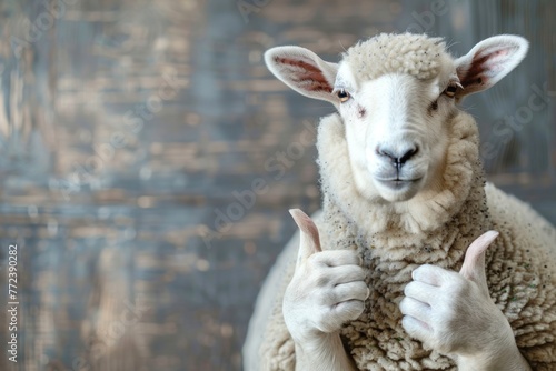 Cute funny ram - male sheep, smiling, showing approving thumbs up to appreciate good work or product