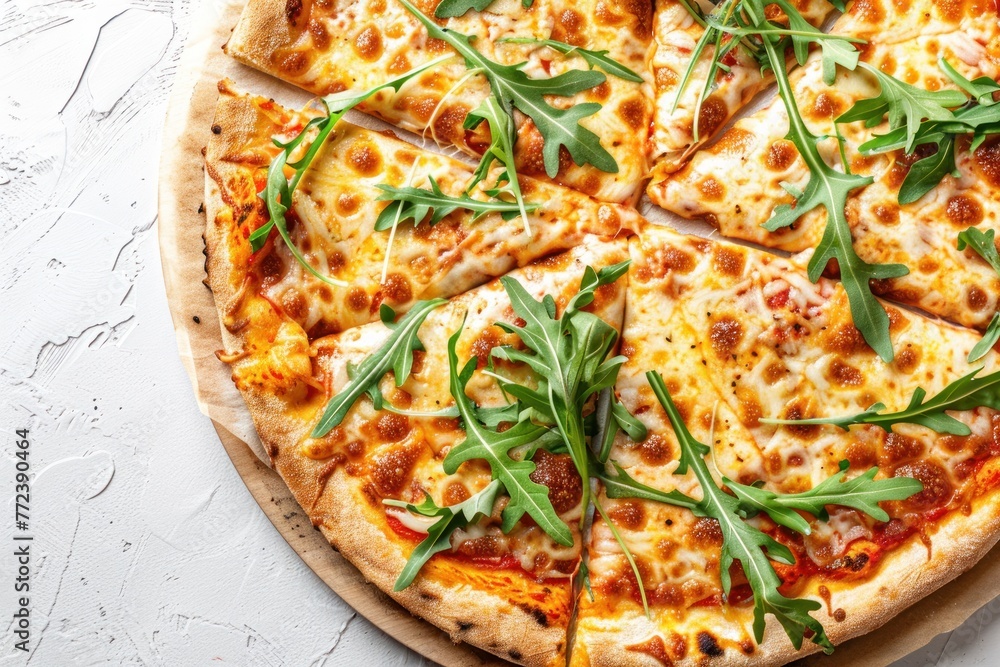 Delicious fresh pizza with cheese and arugula isolated on white background Delicious fresh pizza with cheese and arugula isolated on white background