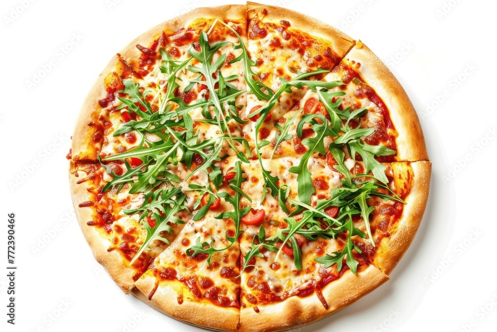 Delicious fresh pizza with cheese and arugula isolated on white background Delicious fresh pizza with cheese and arugula isolated on white background
