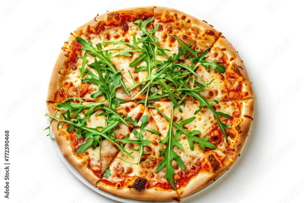 Delicious fresh pizza with cheese and arugula isolated on white background Delicious fresh pizza with cheese and arugula isolated on white background
