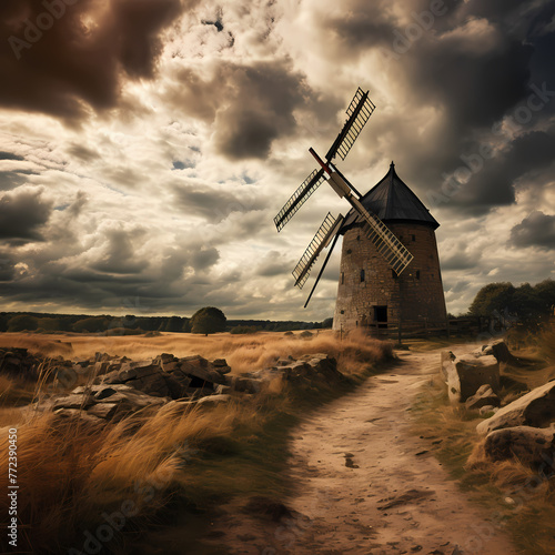 Rustic windmill against a dramatic sky.