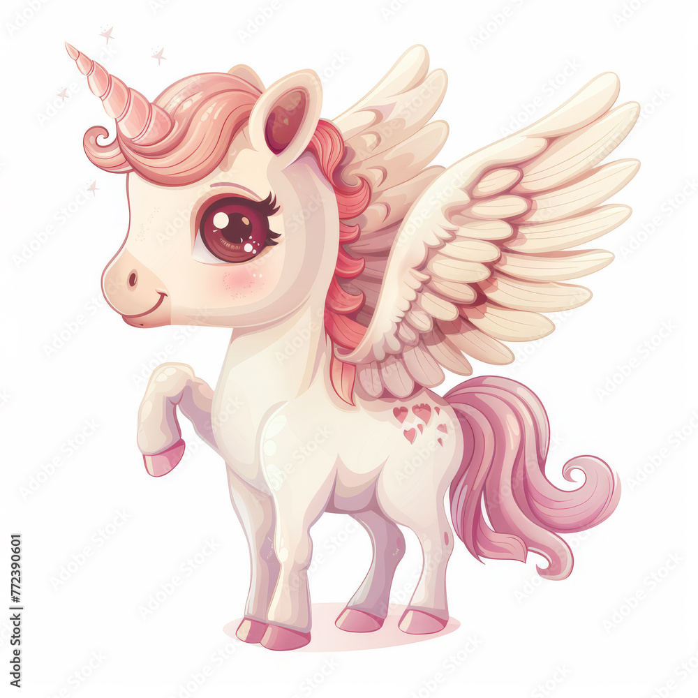 Enchanting unicorn pegasus illustration with delicate pink feathers and mane, exuding charm and grace, on a transparent backdrop.
