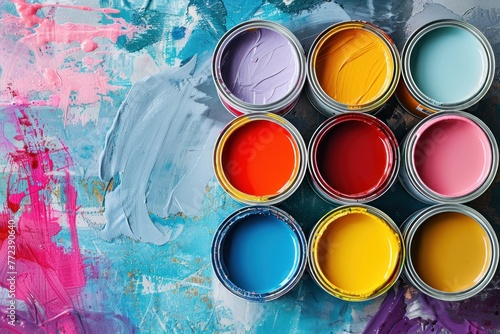 Different colors of paints in cans or colorful paint background