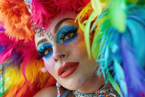 Drag queen person wearing heavy extravagant makeup. Proud expression. Rainbow color background