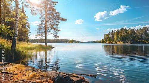 Beautiful finnish lake photographed in the bright hot summer