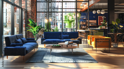 Stylish office space featuring a hardwood floor and blue sofas.