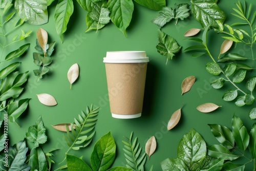 Eco-friendly paper cup on a green background with leaf elements and empty space for text. Recycling concept