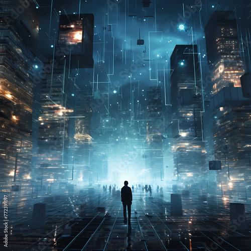 Sci-fi cyberspace with floating digital elements.