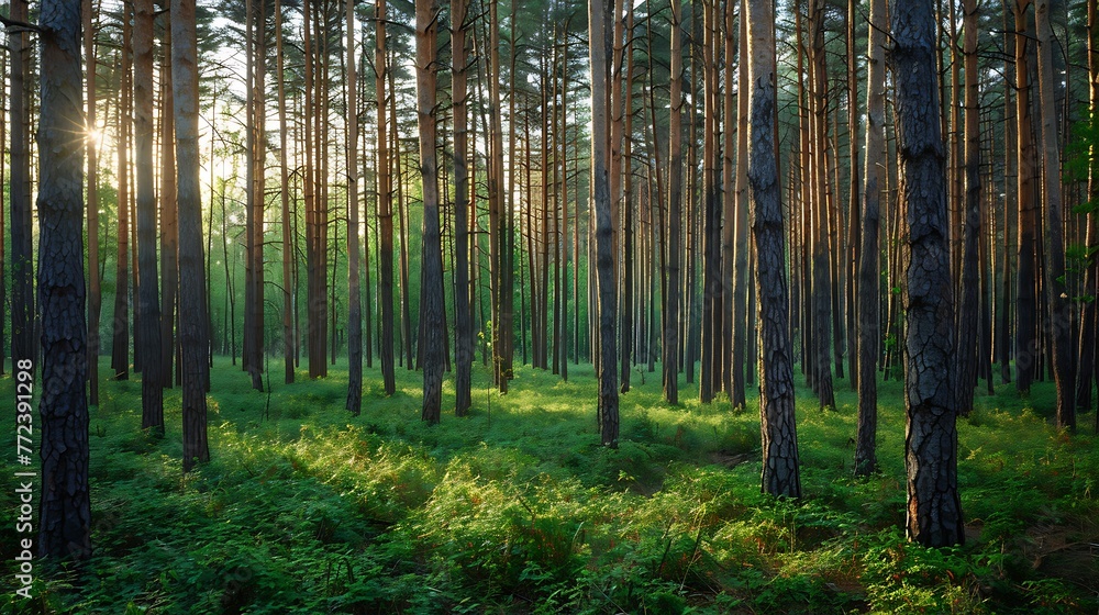Fototapeta premium Beautiful quiet pine tree forest on a sunny summer day