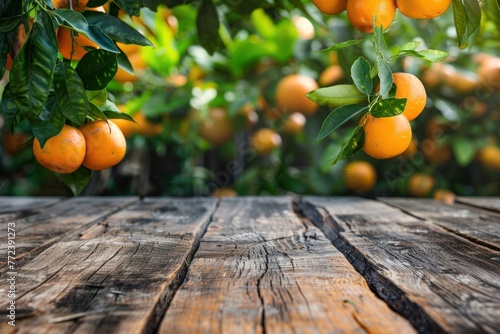 Empty rustic old wooden boards table copy space with orange citrus trees in background, some ripe fruit on desk