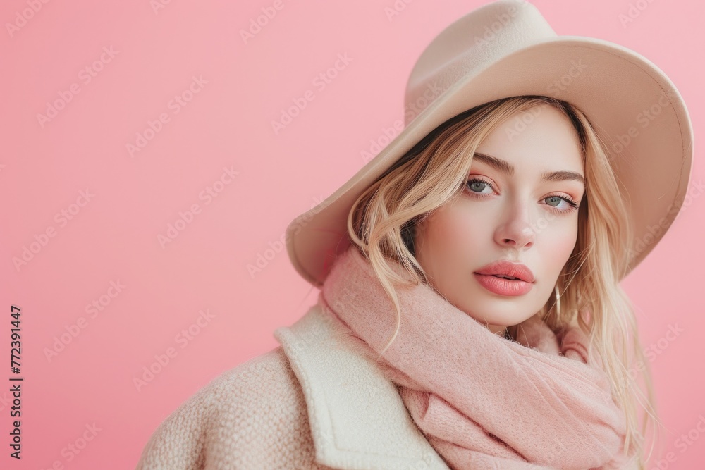 Fashionable blonde woman in hat and scarf on color pastel background
