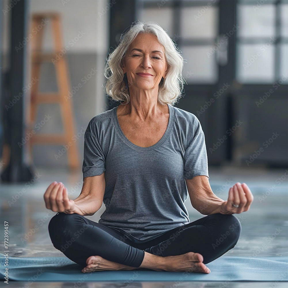 Women sitting, meditating smiling on a yoga mat in a yoga studio background Women sitting, meditating smiling on a yoga mat in a yoga studio background