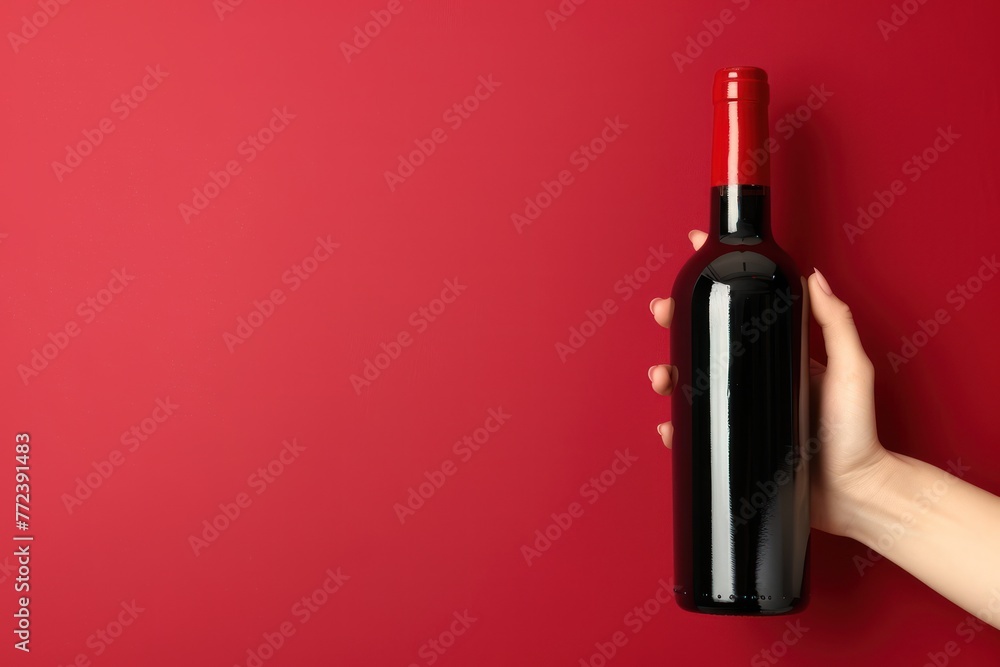 Female hand with bottle of red wine on color background, closeup, copy space for text Female hand with bottle of red wine on color background, closeup, copy space for text