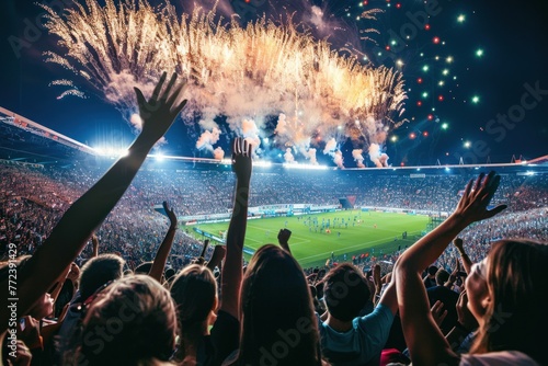 Fans celebrate in Stadium Arena night fireworks photo