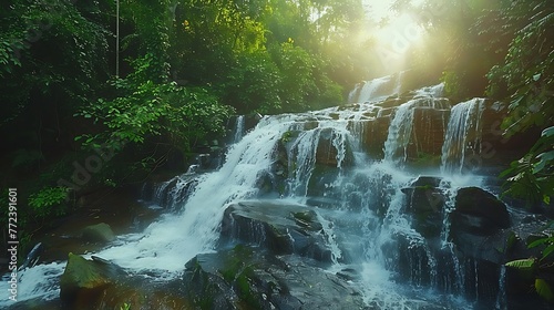beautiful waterfall in green forest in jungle at phu tub berk mountain phetchabun photo