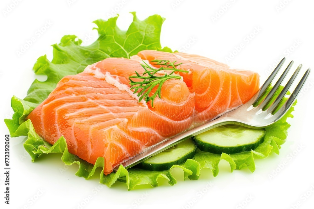 Fresh piece of raw salmon on green lettuce leaf and cucumber pieces with fork Isolated on solid white background