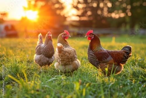 chickens and hen on the green grass in the sunset light photo