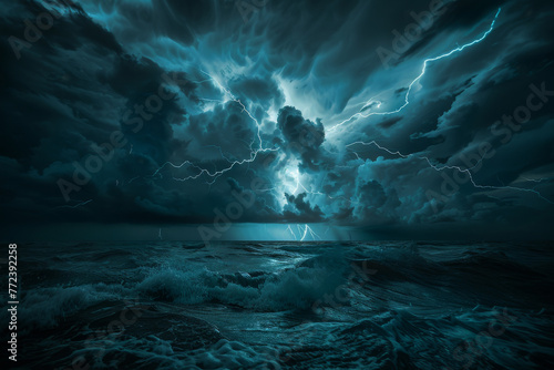 A stormy ocean with a dark sky and lightning. Scene is intense and dramatic