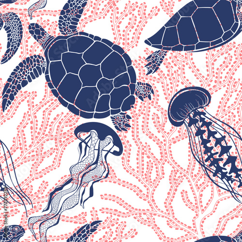  Art seamless pattern on the marine theme with turtles, jellyfish, corals on white. Vector. Perfect for design templates, wallpaper, wrapping, fabric, print and textile. © maritime_m