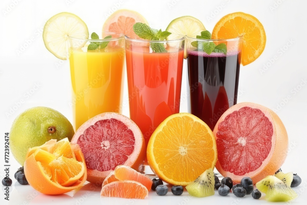 glasses of fresh juice with fruits on white background glasses of fresh juice with fruits on white background