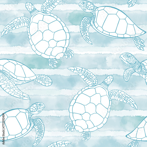 Turtles on blue watercolor background.  Art sea seamless pattern.  Perfect for wallpaper, wrapping, fabric, print and textile. Hand drawn vector illustration. © maritime_m