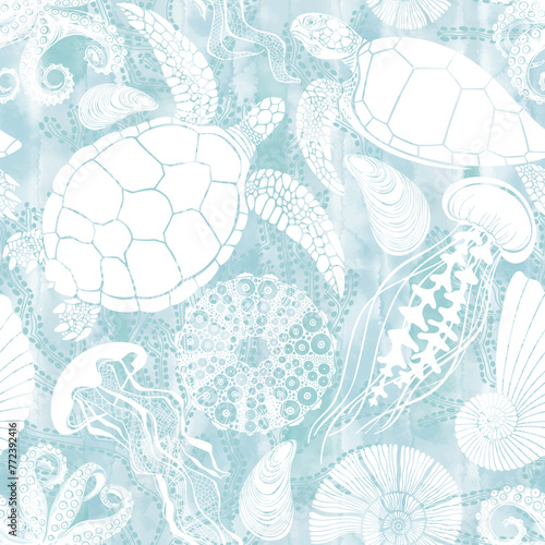 Sea creatures. Art seamless pattern on the marine theme with turtles, jellyfish, underwater plants,octopus, sea ​​urchin, seashells on blue watercolor background. Hand drawn vector illustration. © maritime_m